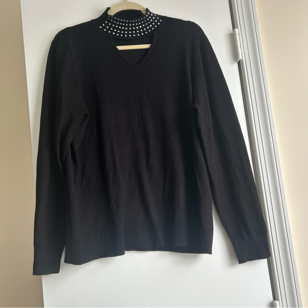 Black Long Sleeve Studded Rhinestone Key Hole Women's Sweater Size XL Whimsigoth